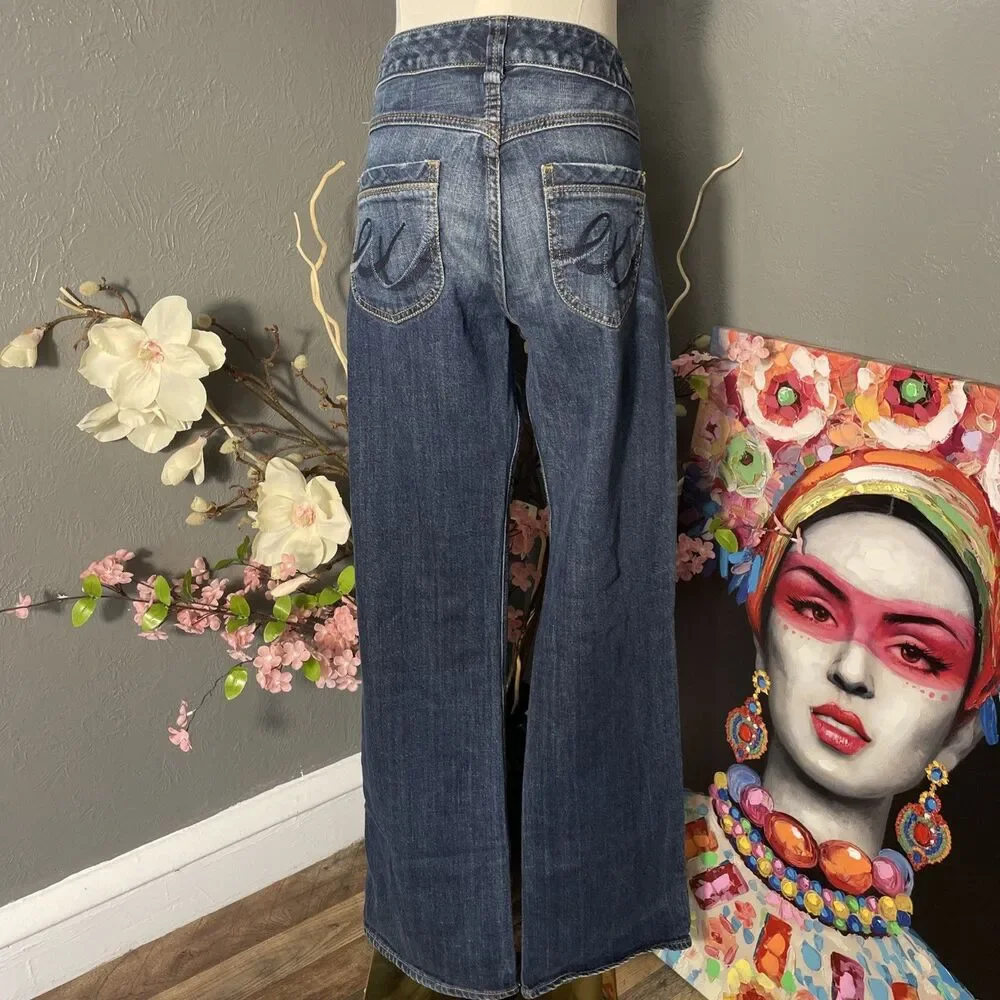 Express Bootcut Jeans Womens 12 Blue Y2K Embroidered Denim Western Low Rise